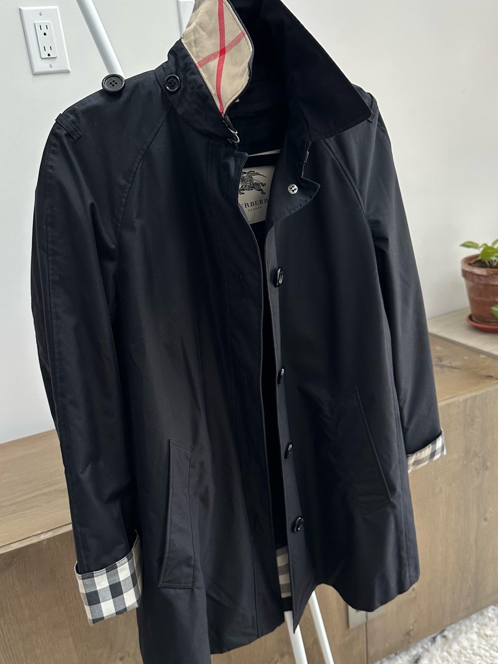Burberry Black Coat with Signature Check Accents & Removable Liner